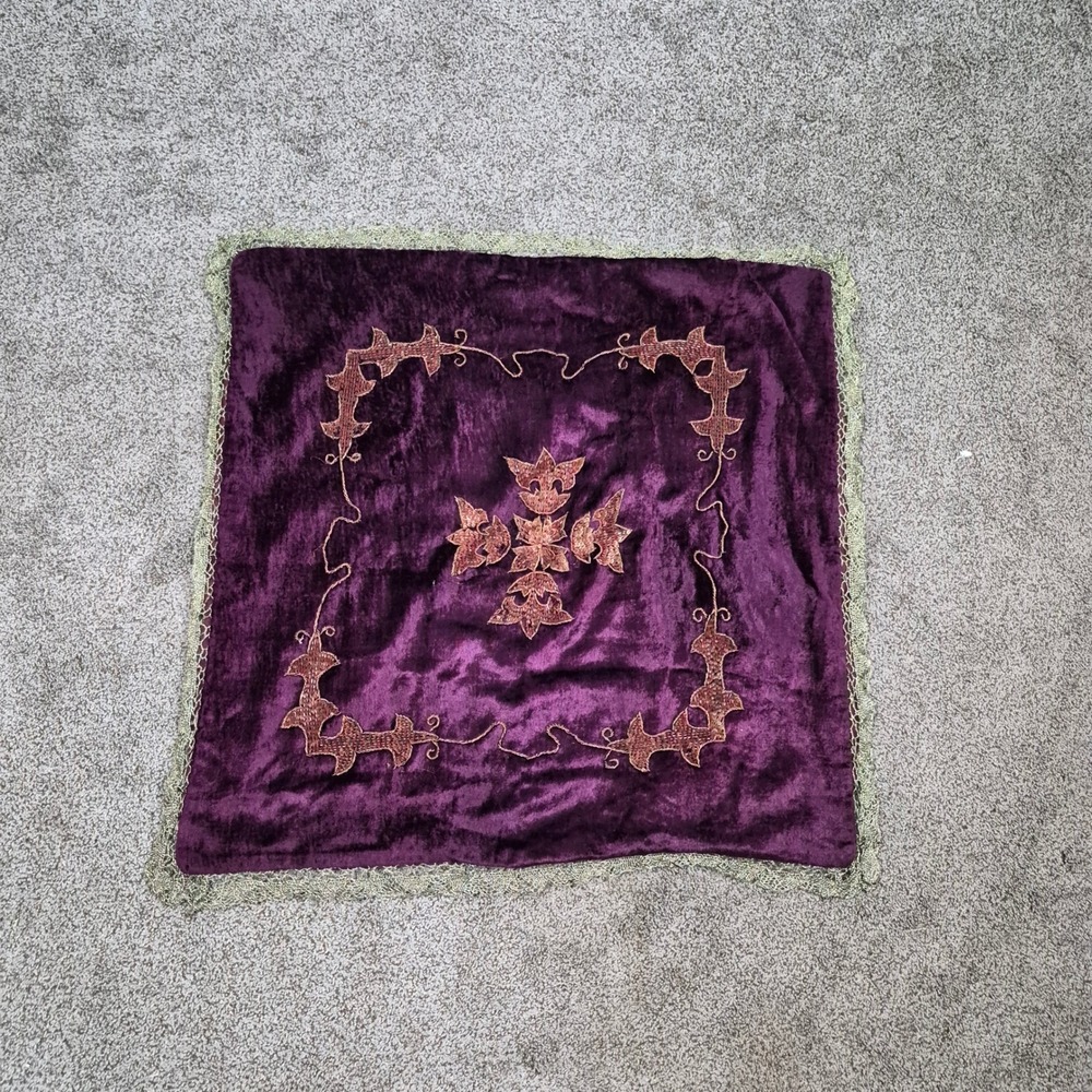 Vintage Purple Velvet Embroidered Cross Pillow Cover Gold Lace Trim 26.5x26.5